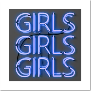 Girls Girls Girls - glowing blue neon sign Posters and Art